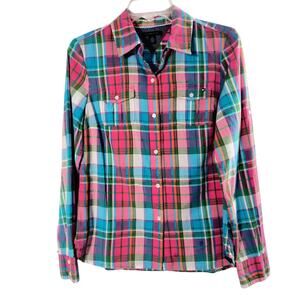 Tommy Hilfiger Button Up Blouse Women's Sz M Multicolor Plaid Roll Tab Sleeve